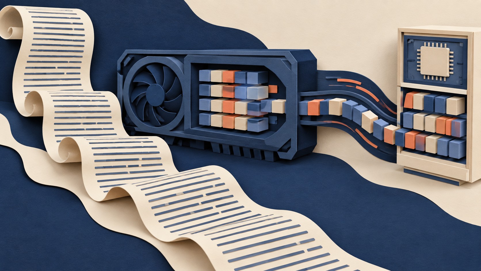 A long prompt scroll lies beside a model accelerator and its limited cache blocks.