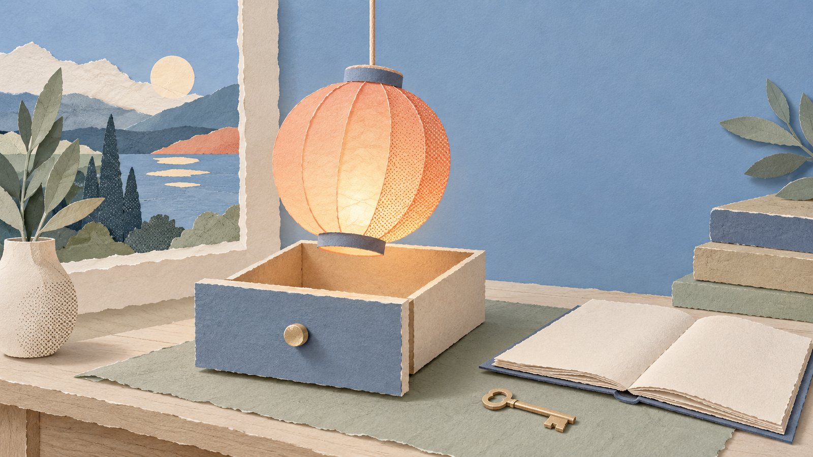 A softly glowing paper lantern descends toward a small drawer, with a blank ledger and key nearby, in a calm blue-and-cream paper-cut collage.