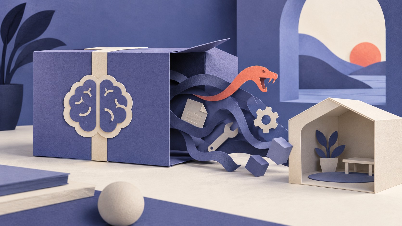 A coral paper snake escapes a brain-marked box while a separate shelter remains still.