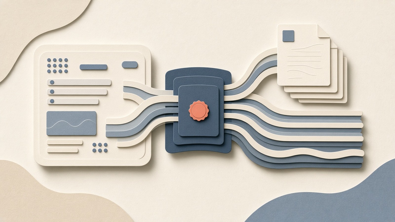 Paper-cut collage of an agent console linked to a remote MCP gateway feeding Markdown pages and Scrapy Cloud job lanes, one coral OAuth badge on slate fabric.