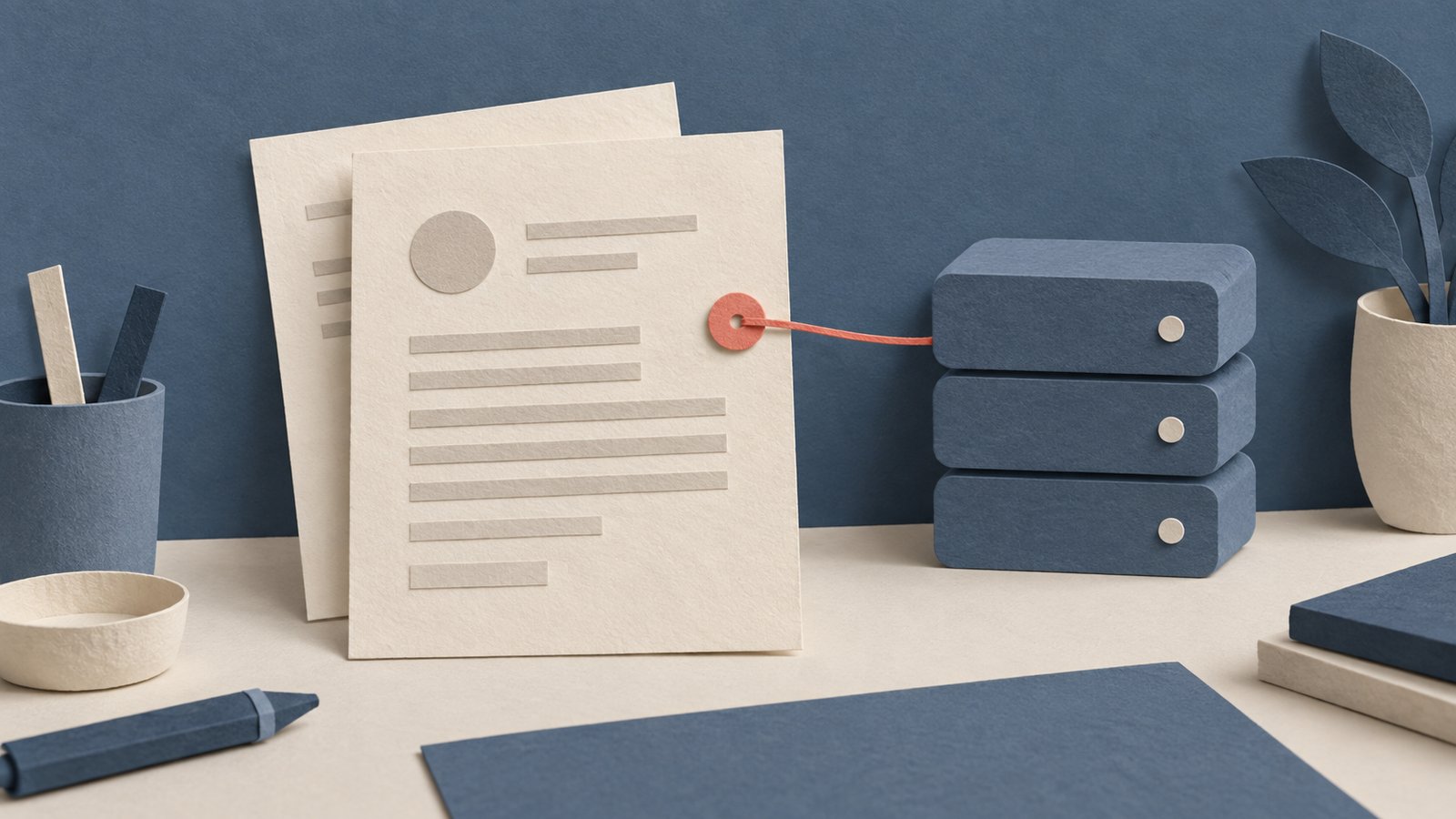 A paper-cut collage of a cream draft page, a blue database block, and a coral revision token connected across a quiet editor’s desk.