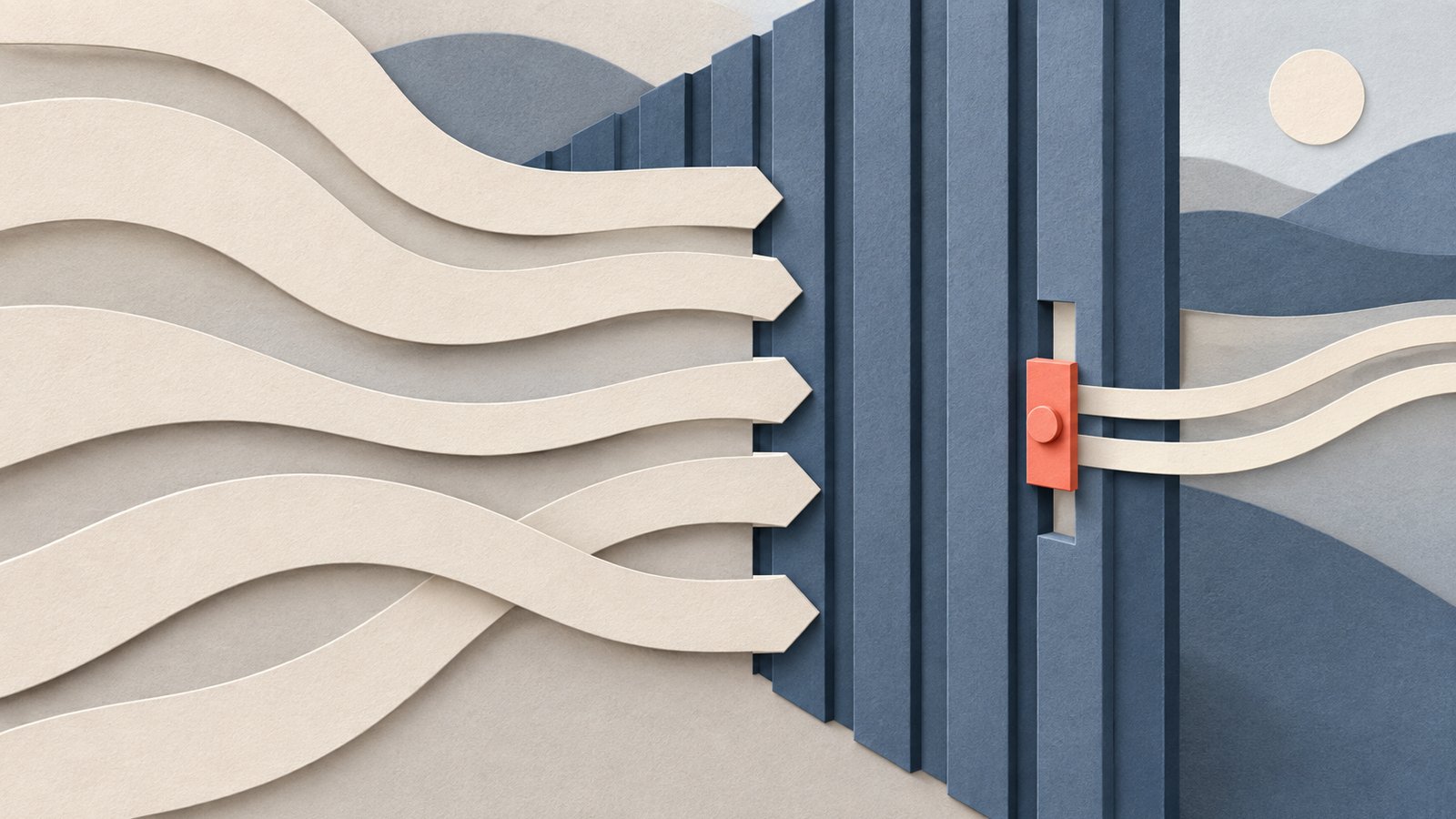 A paper-cut collage of small cream tools approaching a slate-blue gate, with one coral latch allowing only selected paths through.