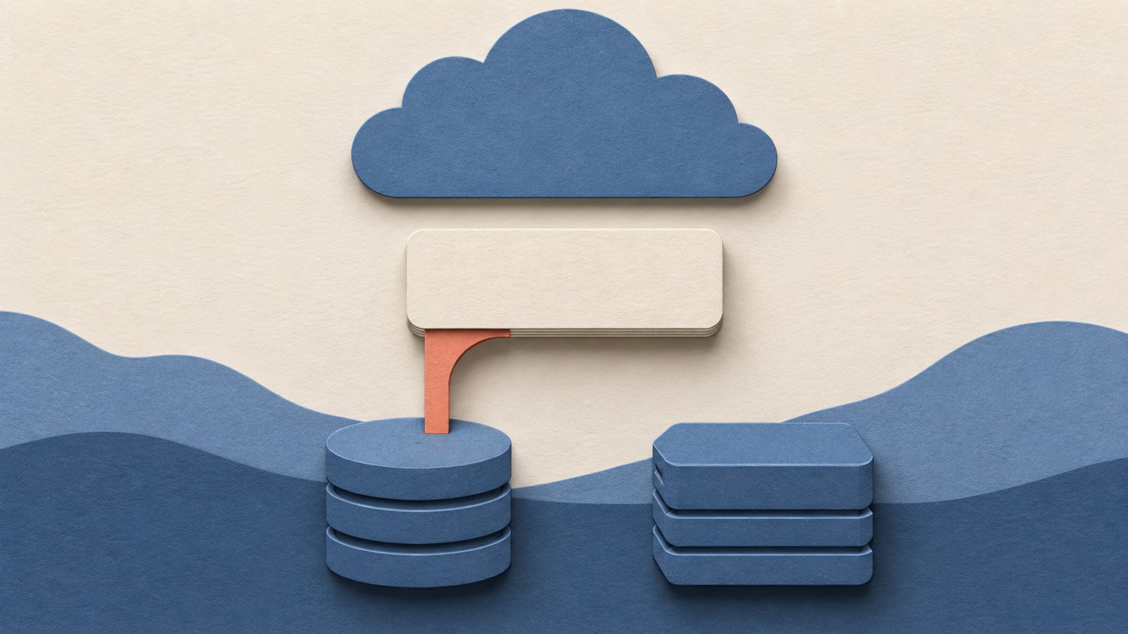 A paper-cut collage of a slate-blue cloud above a cream application, with separate blue database and media-storage shapes connected beneath it.