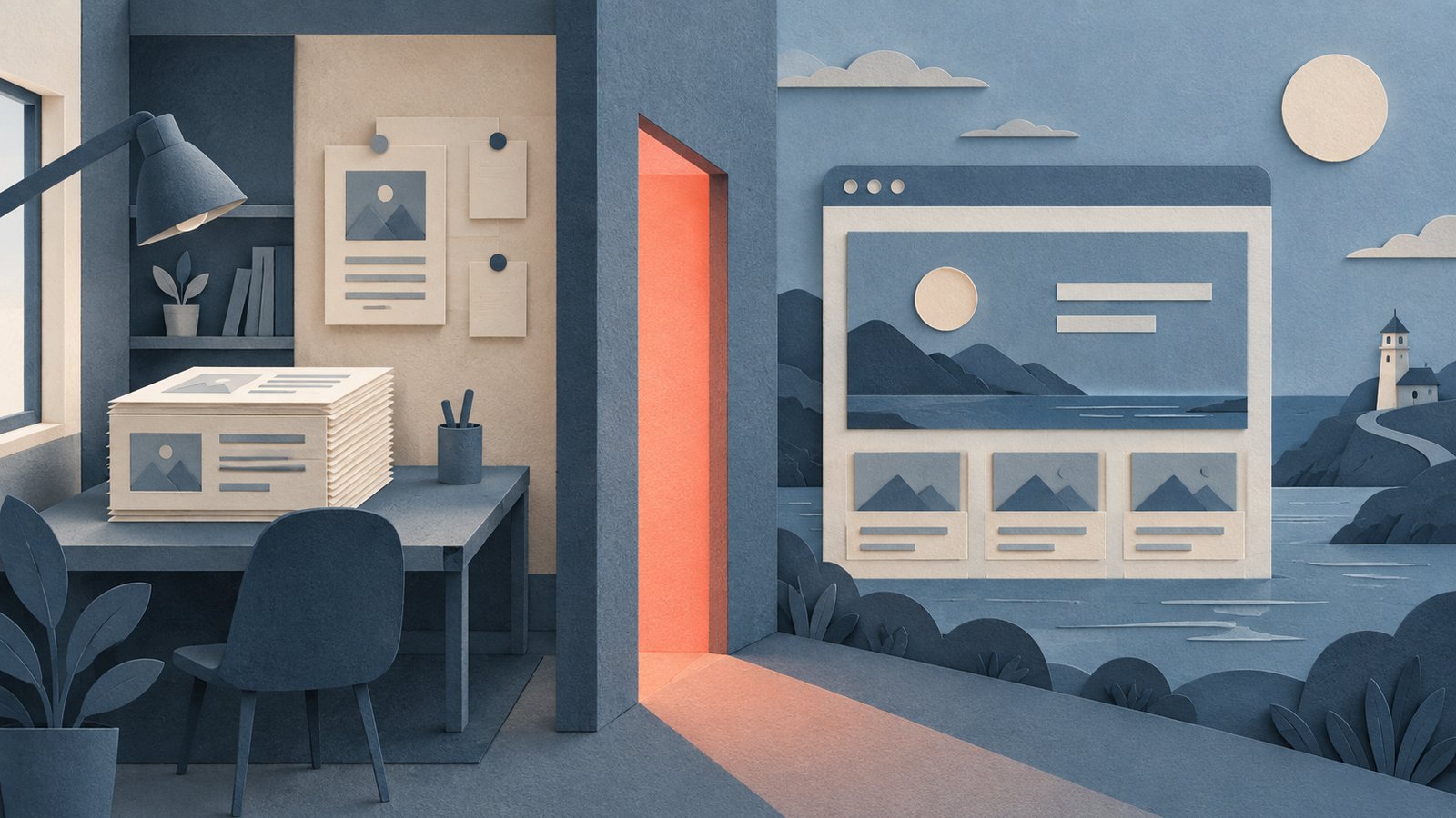A paper-cut collage of an Astro site at dusk, with cream content cards flowing from a blue editor room through a coral doorway toward a quiet public web page.