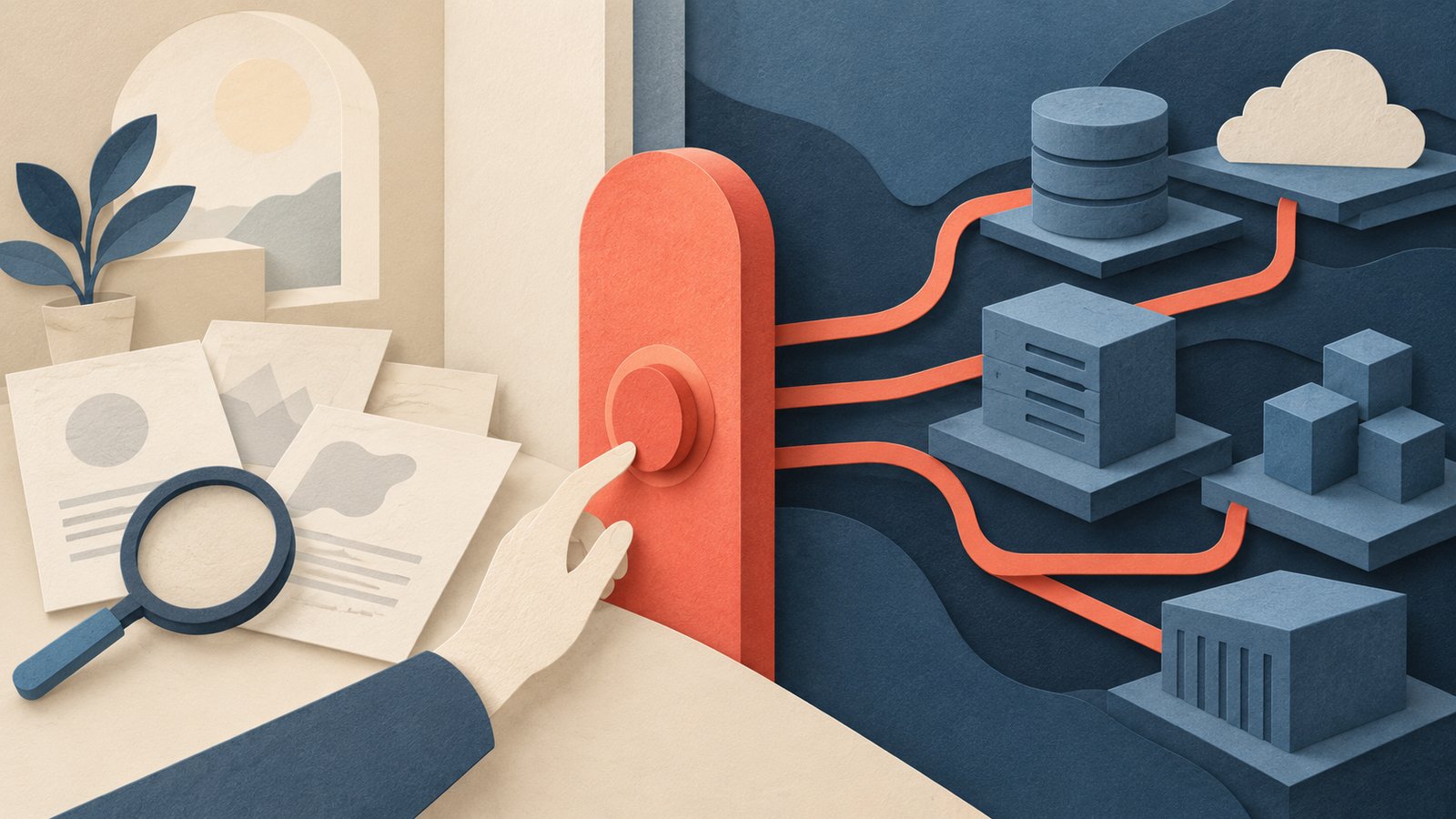 A paper-cut collage of a coral approval gate between a quiet cream research space and a slate-blue world of external actions.
