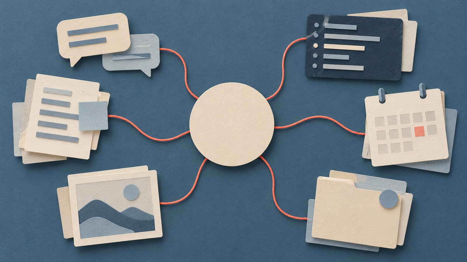 A paper-cut collage showing a central cream circle connected to document, message, image, calendar, and folder icons.