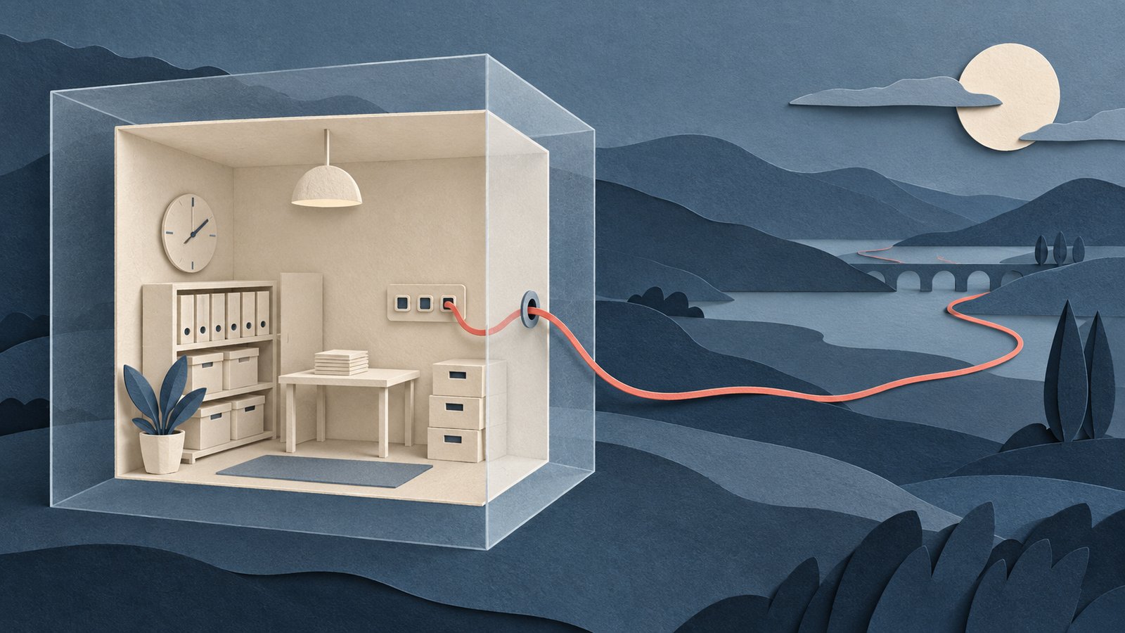 A paper-cut collage of a small staged cream room inside a large slate-blue glass box, joined to a layered landscape outside by a single coral thread.