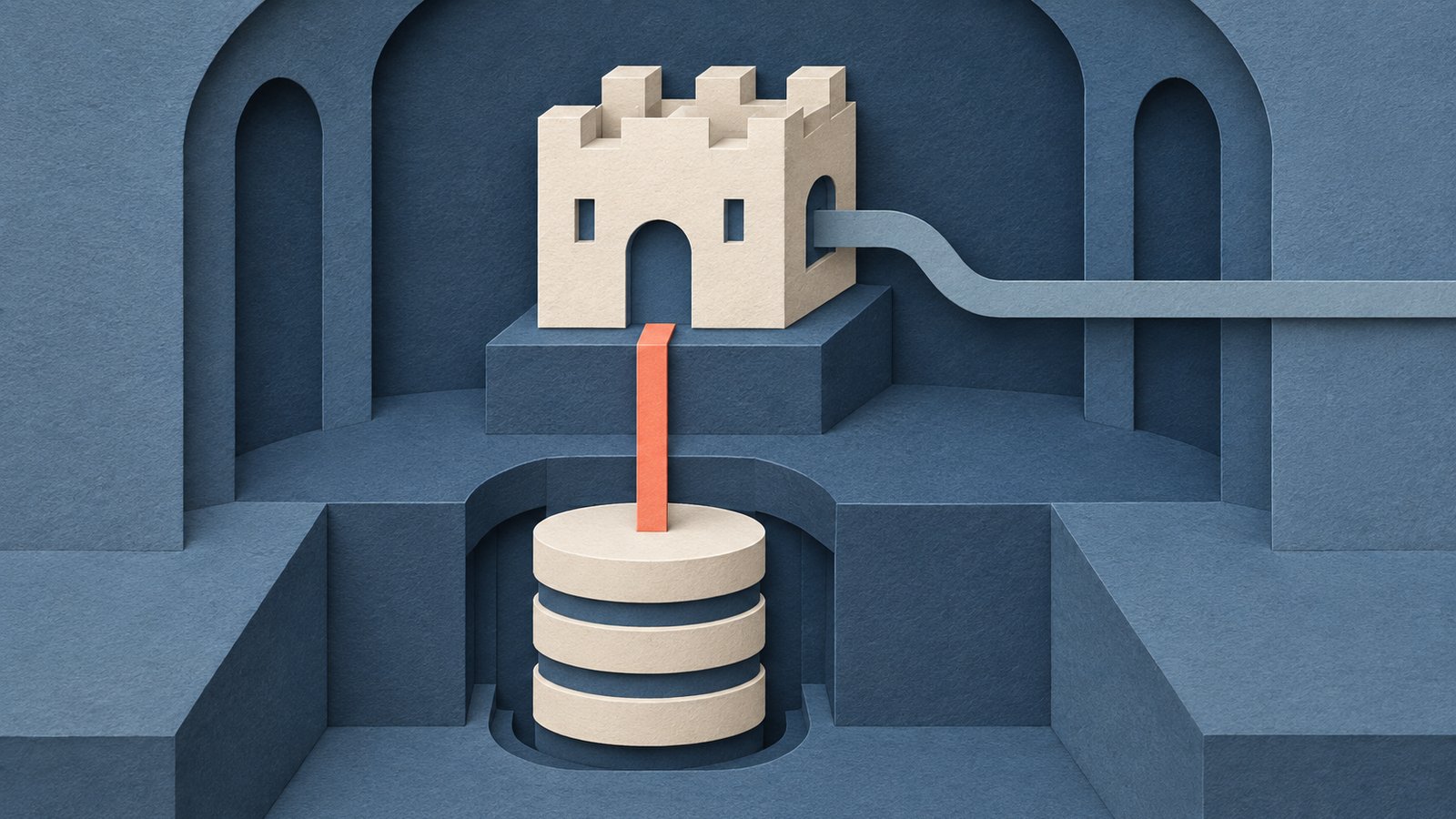 A paper-cut collage of a small cream game-server fortress inside a slate-blue chamber, connected by a coral line to layered storage below.