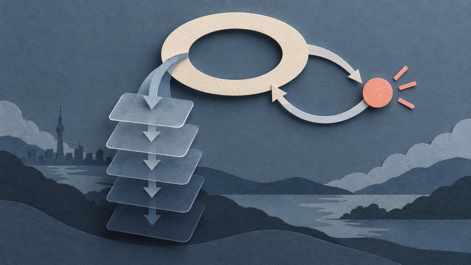 A paper-cut collage showing two cream paths leaving a slate-blue Tokio loop: one descends into suspended layers and the other returns to a host loop through a coral waker.